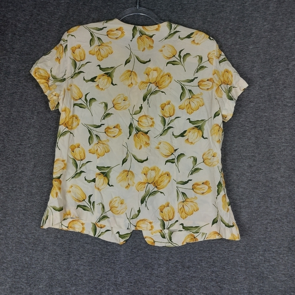 CHAUS WOMEN VINTAGE CREAM YELLOW FLORAL TULIP PRINT V-NECK BUTTON UP SHIRT SZ 12 - Picture 6 of 6